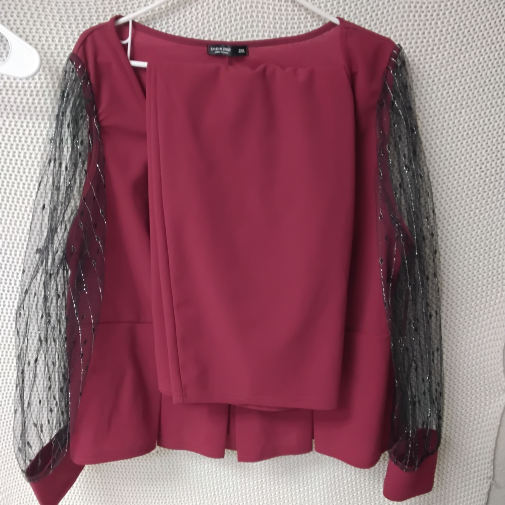 SHEIN Burgundy Blouse with Sheer Black Sleeves